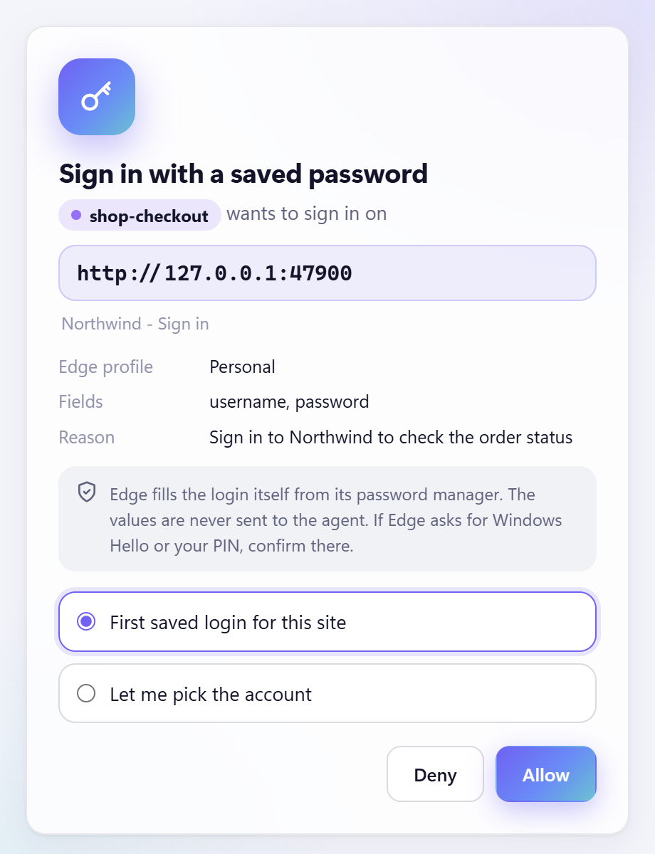 EdgePilot sign-in approval window for filling a saved login from the Edge password manager