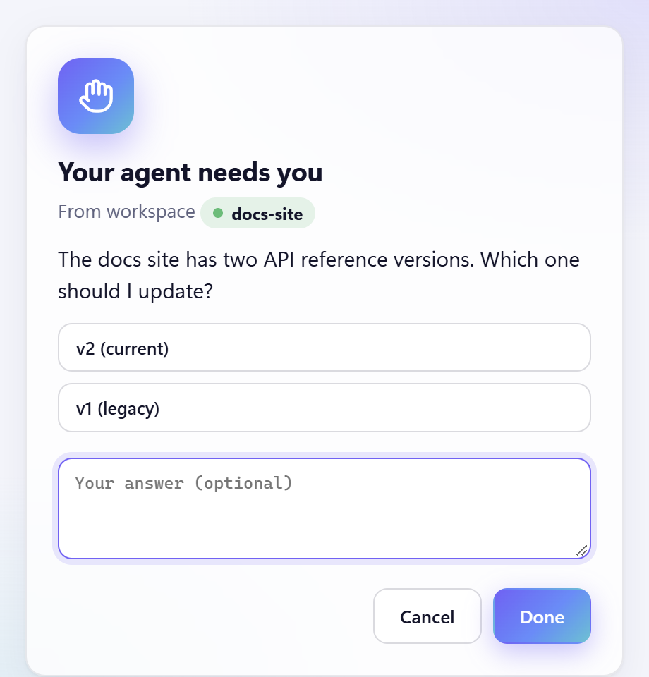 EdgePilot question window where the agent asks you to decide or act