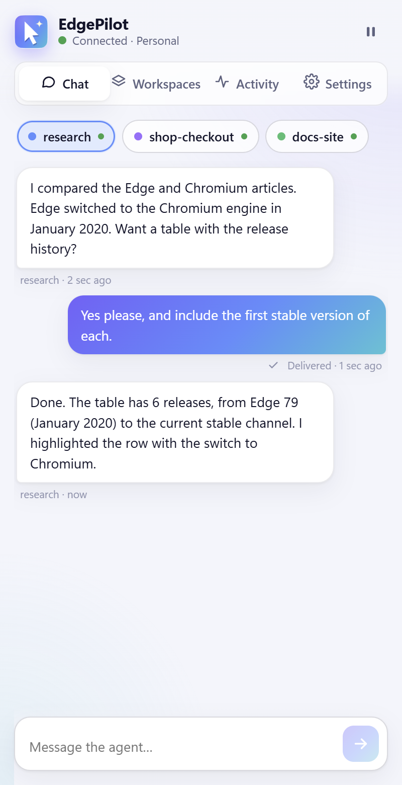 EdgePilot side panel chat with the AI agent working in the research workspace