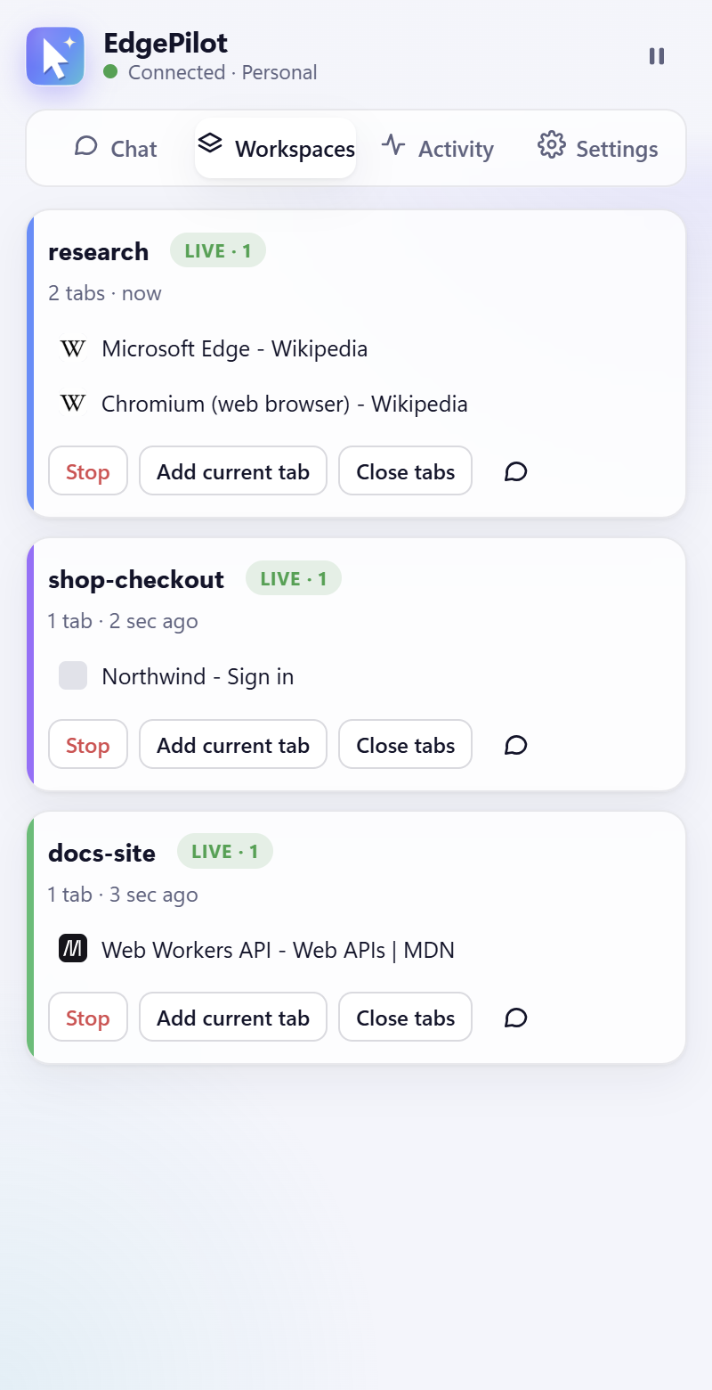 EdgePilot side panel list of agent workspaces with live and idle state