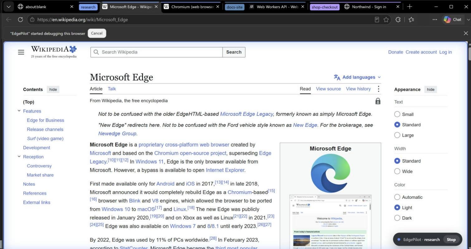 Three AI agent chats in one Microsoft Edge window, each in its own labelled tab group: research, docs-site and shop-checkout